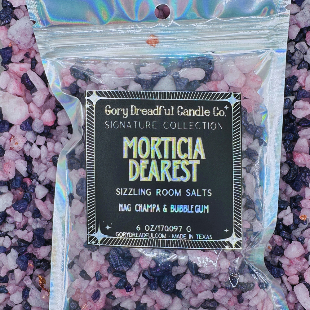 Morticia Dearest Sizzling Room Salt Crystal Potpourri: Nag Champa & Bubblegum
